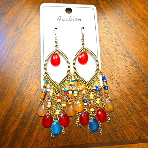 Vintage Bohemian Style Black & Gold Beaded Waterdrop Dangle Earrings Boho Hoops - Picture 2 of 6